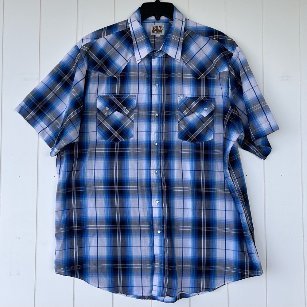 Ely Cattleman‎ Pearl Snap Western Style Button Up Shirt Blue/Gray Size XL